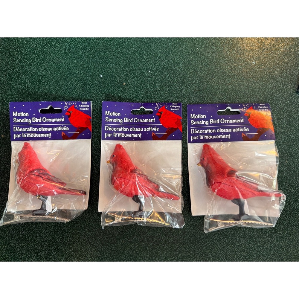 Set of 3 Motion Sensing Cardinal Bird Ornaments Real Chirping Sounds Red Clip On